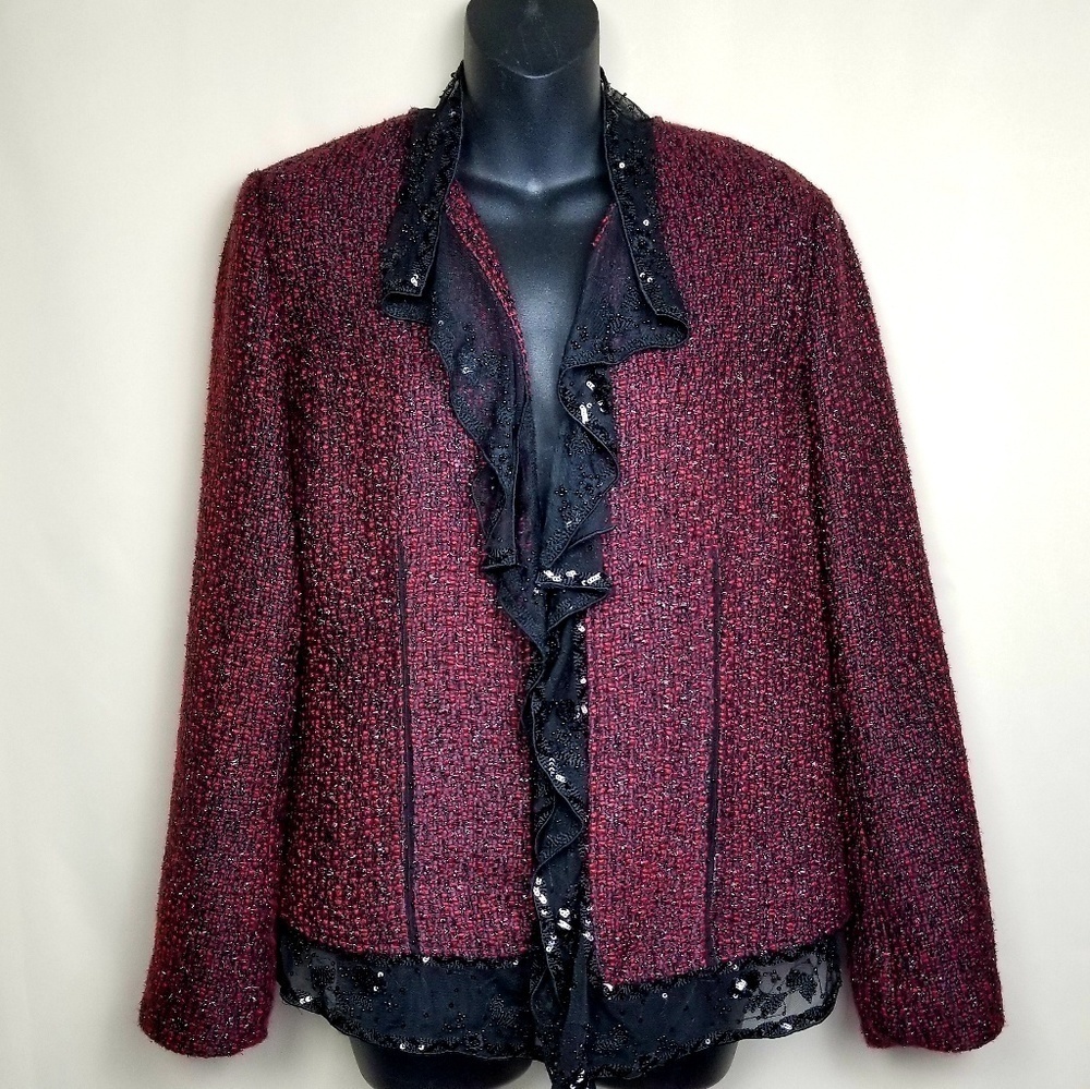 Chico's Long Sleeve Ruffled Neckline Blazer